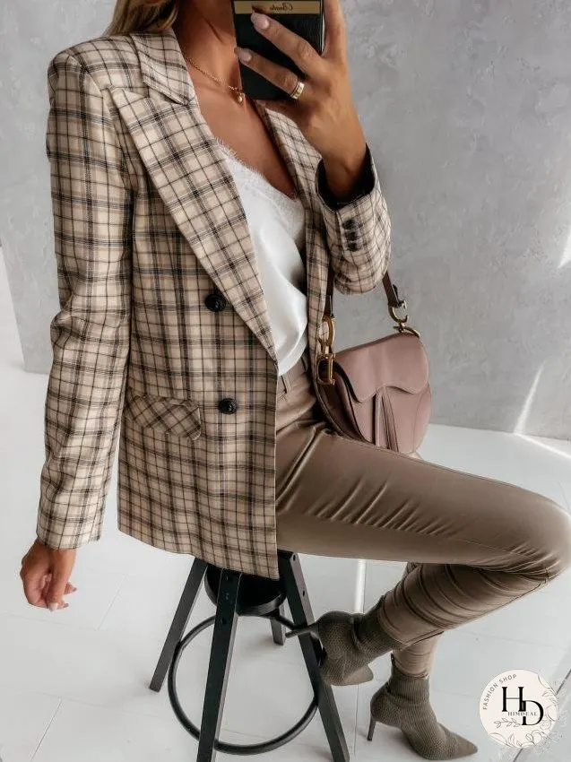 Blazers Lapel Check Pocket Button Blazer for Women