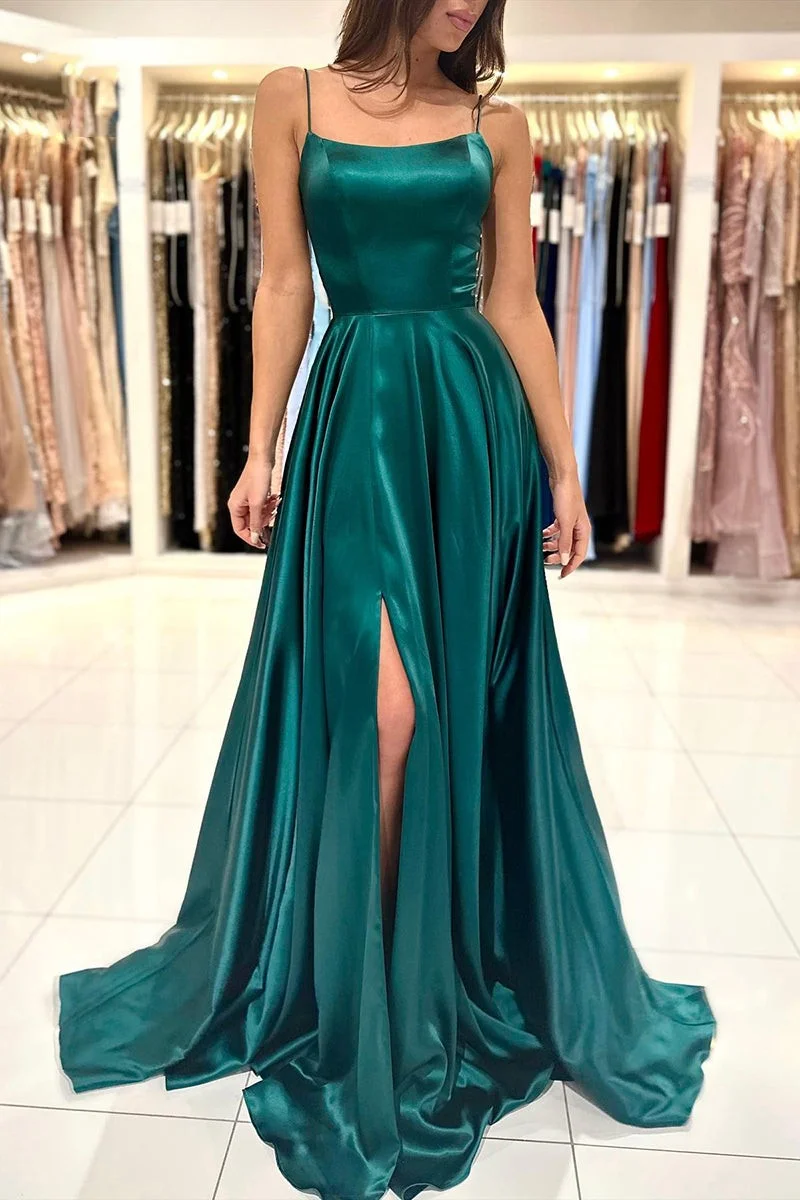 Split Simple Long Prom Formal Dress Green A Line YL0033