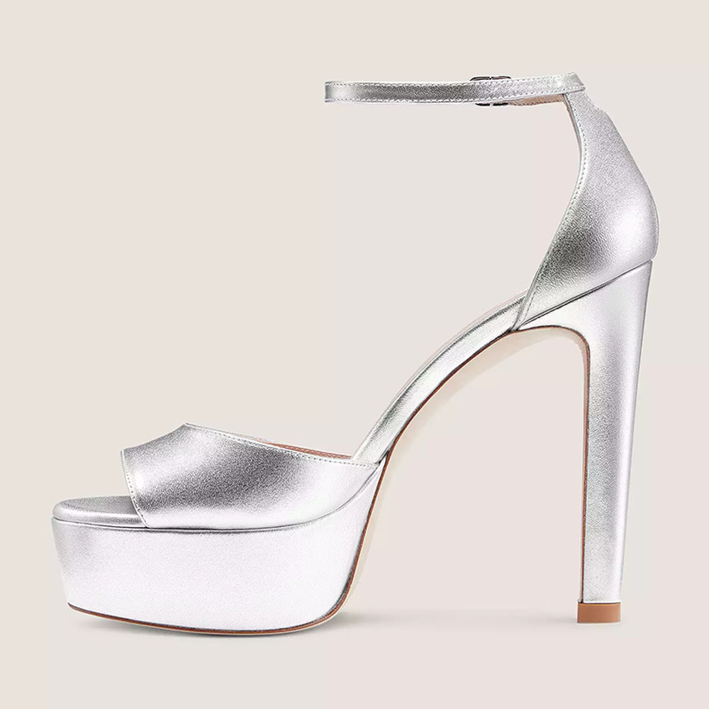 Silver Metallic Peep Toe 5‘’ Chunky Heel Ankle Strap Platform Sandals Nicepairs