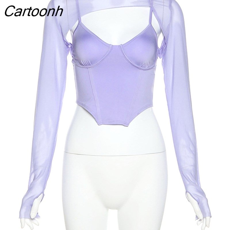 Cartoonh Sleeve Crop Top T-shirt Woman Sexy Bustier Corset And Mesh Top Two Piece Club Outfits For Women Tee Shirt Y2K Clothes