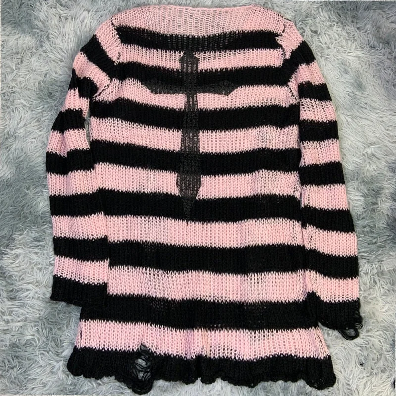 Yyvonne Size Punk Gothic Long Unisex Sweater Dress Cool Hollow Out Hole Broken Jumper Loose Rock Thin Sweter 2023 Women Man Striped 305-0