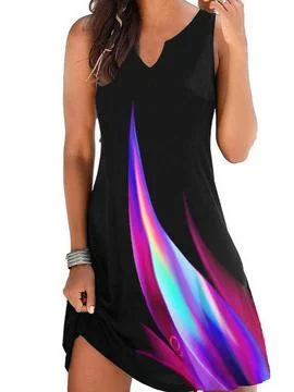 Women Sleeveless V-neck Printed Colorblock Midi Dress