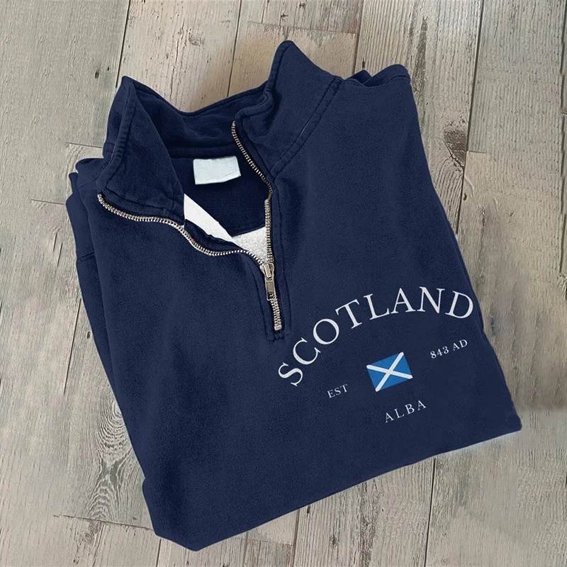 Vintage Scotland Print Zipper Casual Sweatshirt