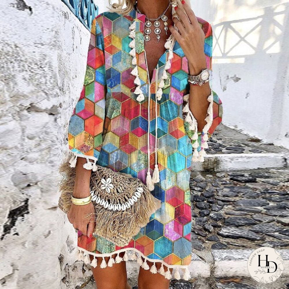 Vintage Boho Print Mini Dress Ladies Summer Casual Long Sleeve V-Neck Lace-up Dress Women Fashion Fringe Patchwork Loose Dresses