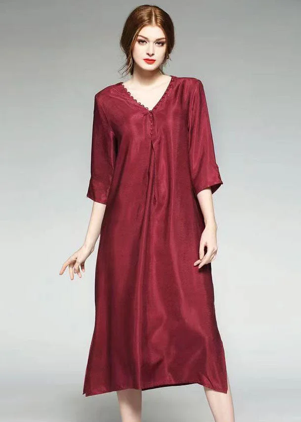 Wine Red Patchwork Silk Dress V Neck Side Open Bracelet Sleeve