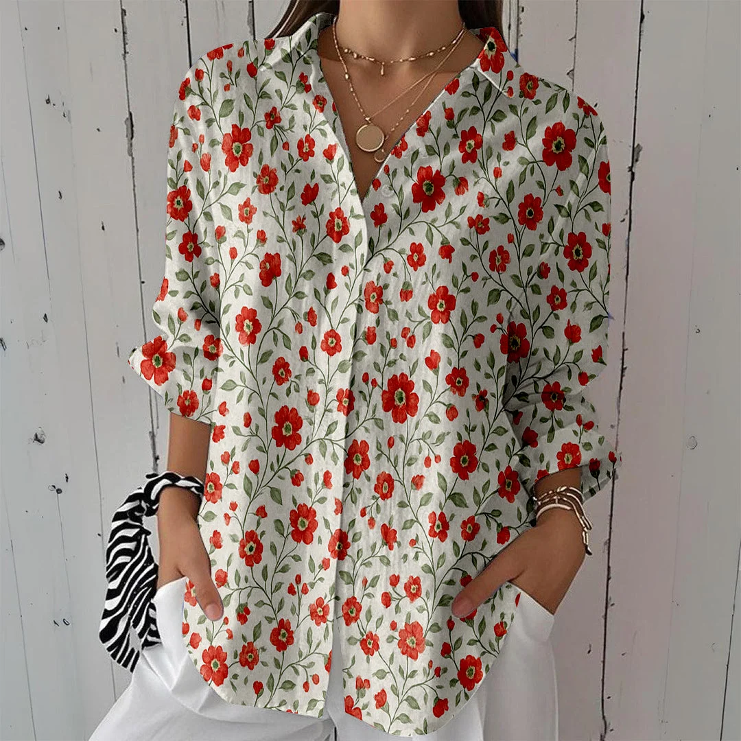 Style & Comfort for Mature Women Women Floral, Red DZCL0354 3/4 Sleeve Shirt Collar Printed Button Tops