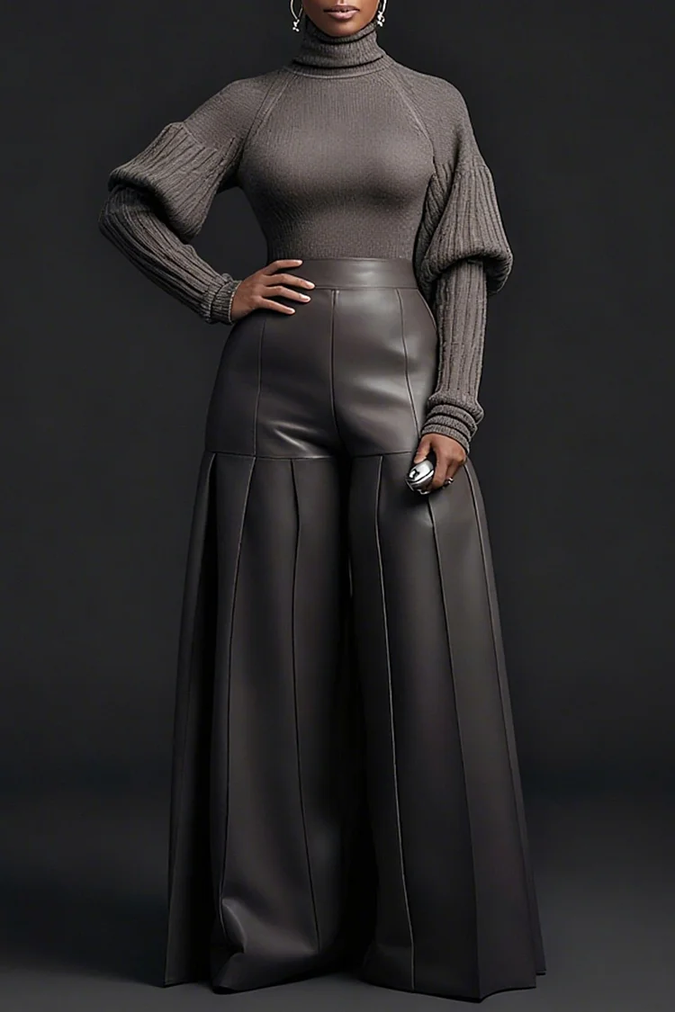 Plus Size Business Casual Grey Pocket Casual Wide Leg PU Leather Pants [Pre-Order]