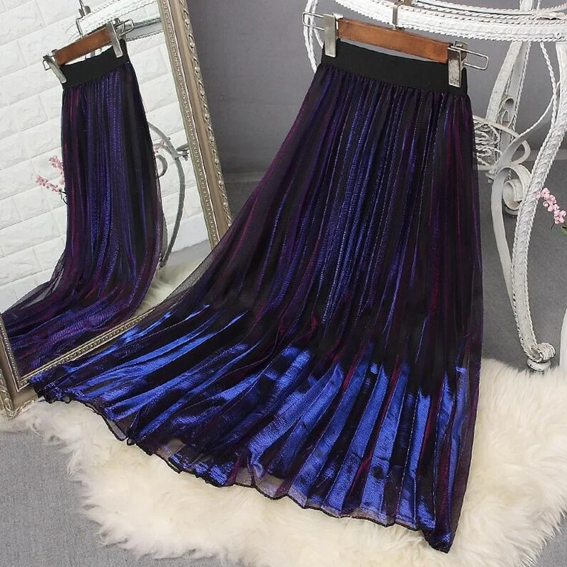 2020 Spring Summer Vintage Gradient Tulle Skirts Womens High Waist A-Line Mesh Pleated Skirt Elegant Mid-Long Party Skirt