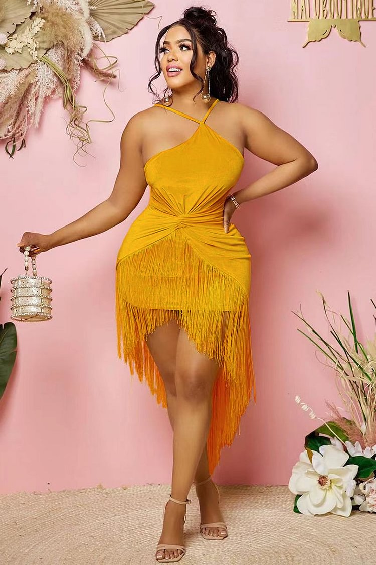 Fringed Asymmetric Hem Halter Twist Party Midi Dresses
