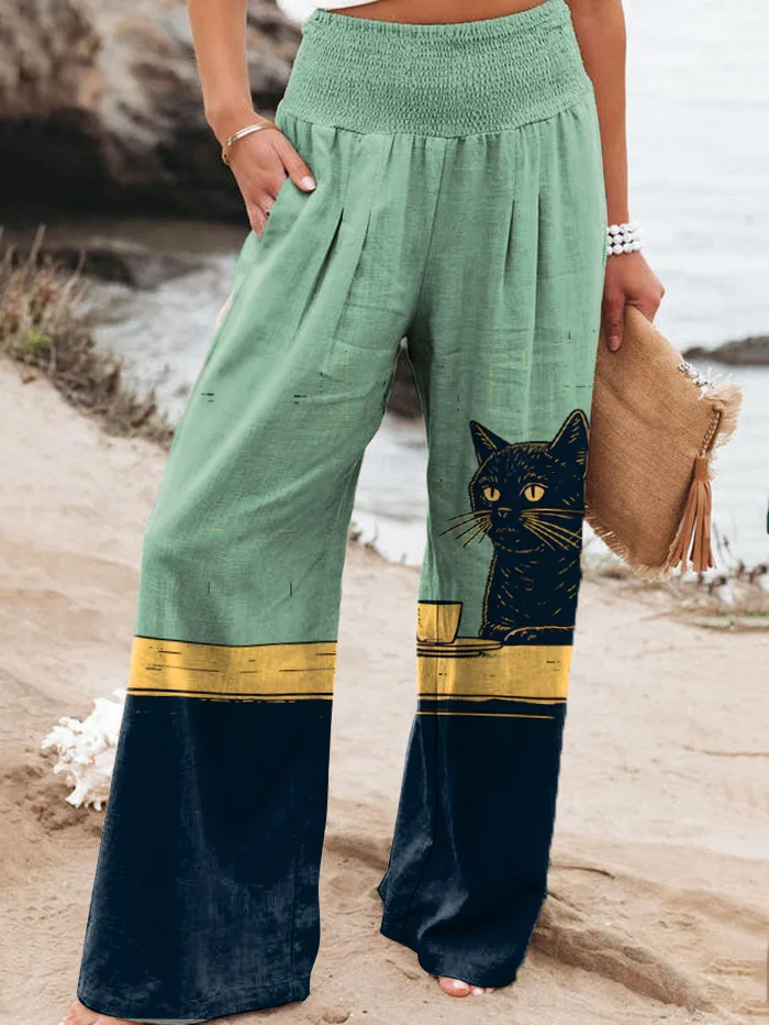 Women's Chilling Black Cat With Coffee Print Casual Pants