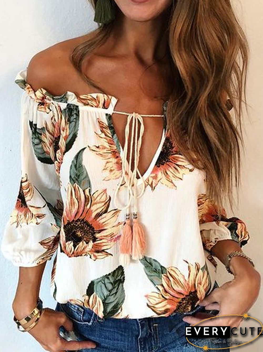 Loose One-Neck Elasticized Long Sleeve Shirt