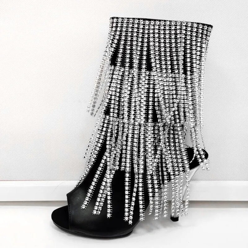 VCshoes Peep Toe Women Pole Dance 10cm Nightclub Fashion Exotic Dancer 4 Inch Fringe Ankle Boots Gladiator Models Catwalk High Heel