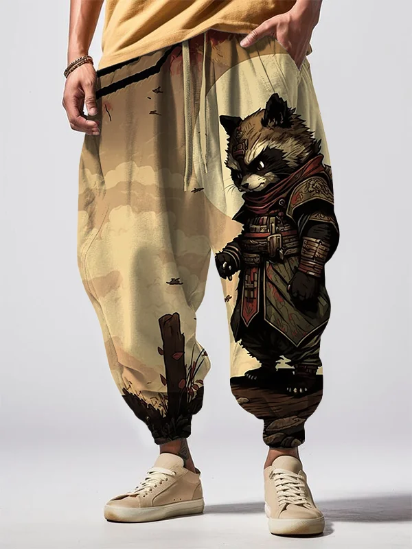 Men's Retro Raccoon Samurai Art Illustration Print Casual Loose Sweatpants
