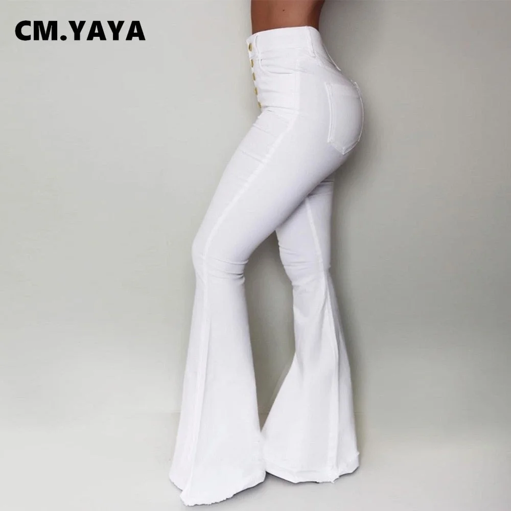 CM.YAYA Women Pants Solid High Waist Button Fly Skinny Flare Pants with Pockets Fashion High Streetwear Vintage Trousers Autumn