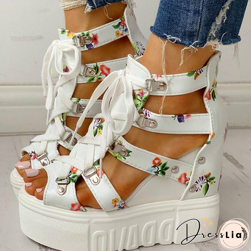 INS Hot Print Leisure Wedges Women's Shoes Summer Shoes Women Sandals Platform Shoelaces High Heels Casual Shoes Woman