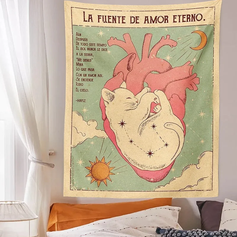 Tarot Cat Tapestry Witchcraft Sun Moon Eternal heart Wall Hanging Bohemian Decoration Home Hippie Mattress Girls Dorm Room Decor