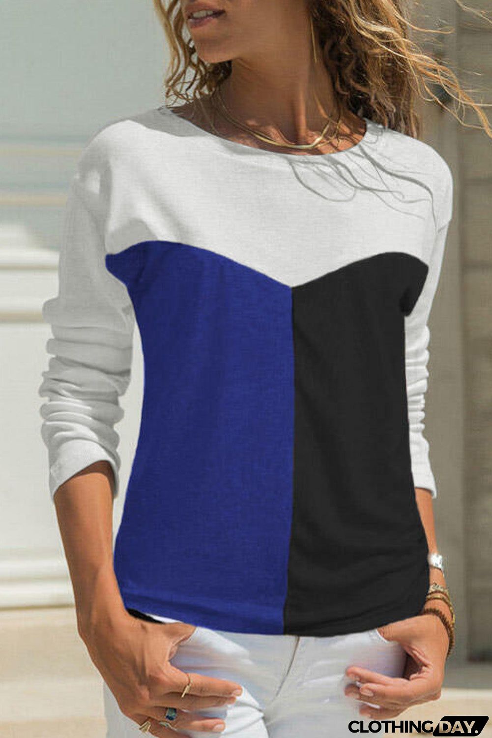 Color Block Splicing O-Neck Blouse