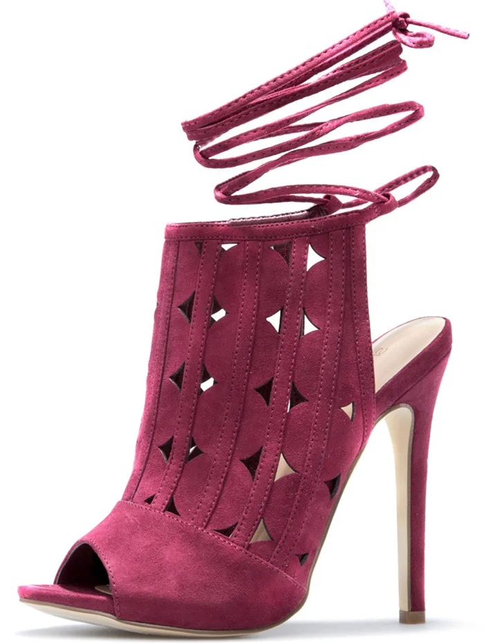 Women's Plum Slingback Hollow Out Strappy Stiletto Heels Summer Boots |FSJ Shoes