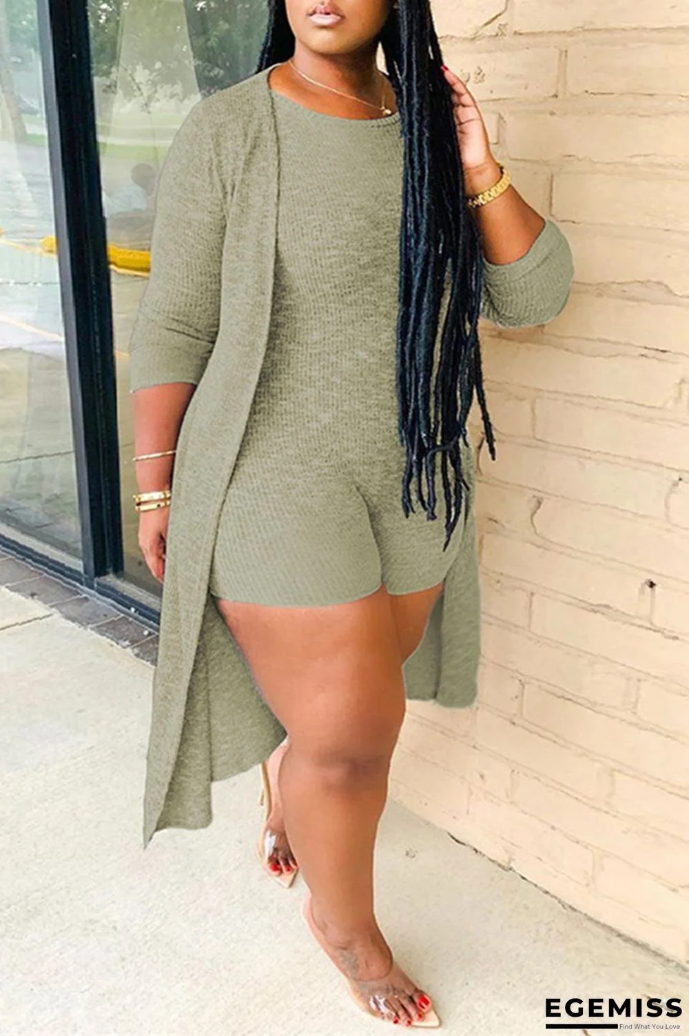 Ink Green Fashion Casual Solid Cardigan O Neck Plus Size Two Pieces | EGEMISS