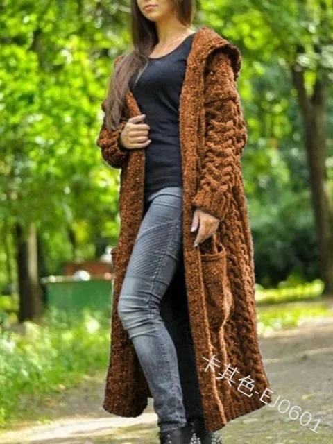 Hooded Solid Knitted Long Cardigan Twist Sweater Coat