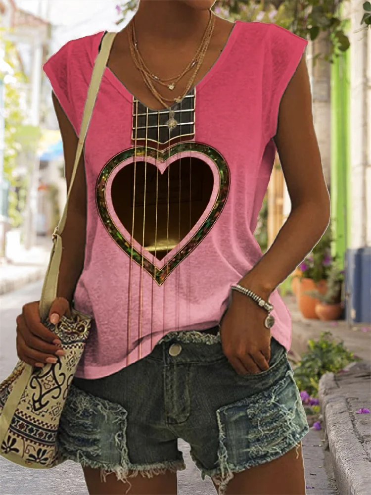 Heart Guitar Inspired Gradient V Neck Tank Top