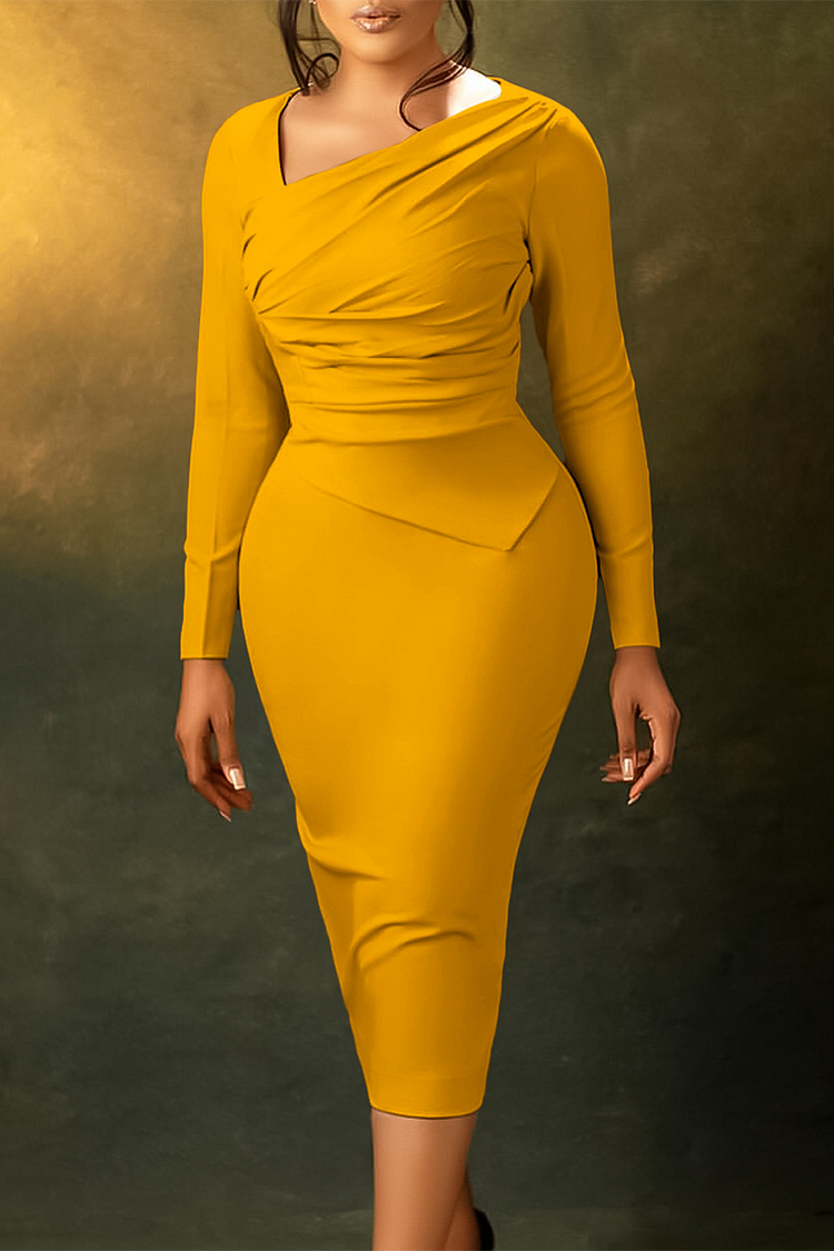 V Neck Long Sleeve Ruched Bodycon Formal Midi Dresses-Beige