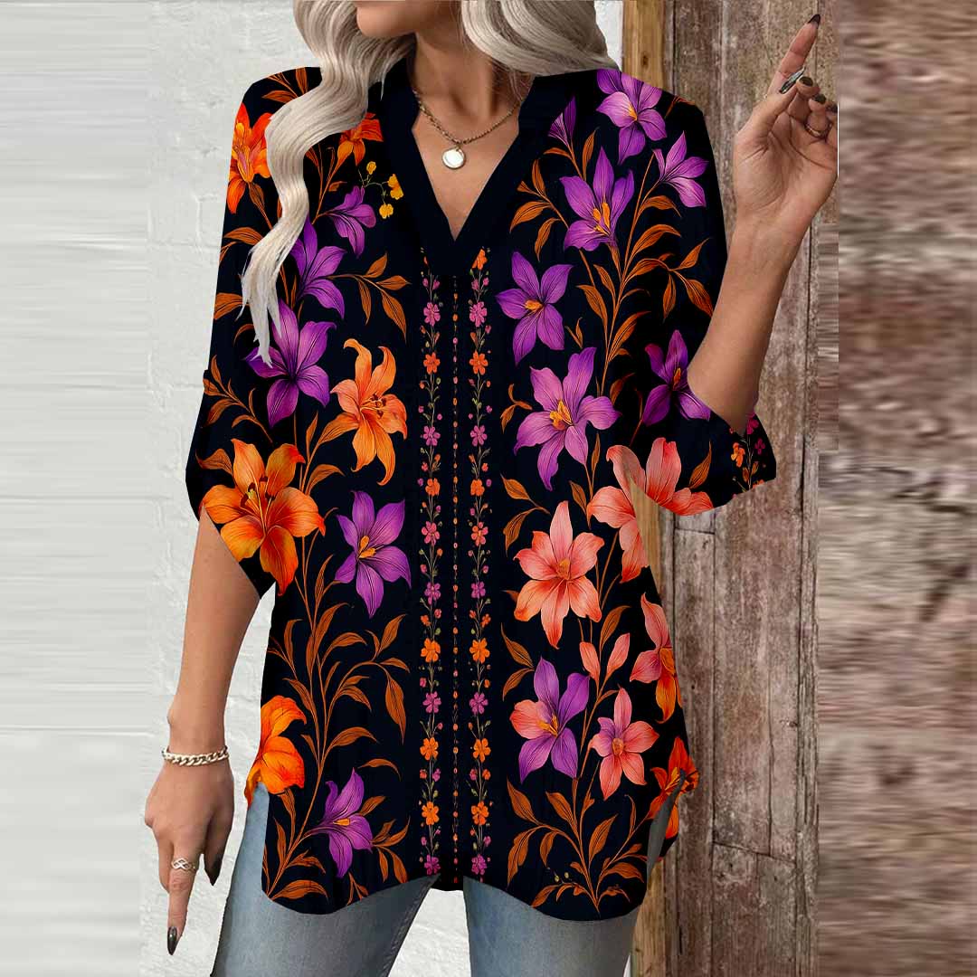 Women Floral, Black, Orange, Purple DZGA0086 3/4 Sleeve V-neck Printed Graphic Button Tops