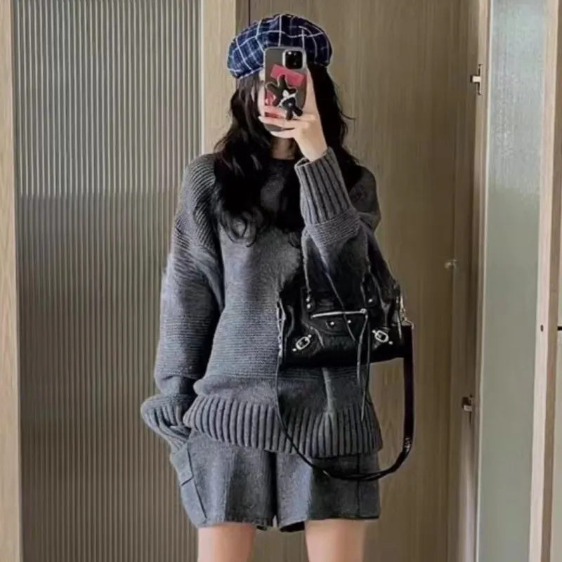 Uveng Uveng Korea Dongdaemun 2024 New Autumn Dress Lazy Wind Solid Color Collar Loose Collar Sweater Pocket Knitted Shorts