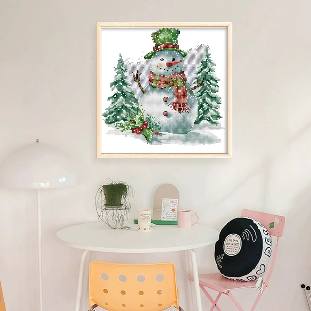 Green Snowman Partial 14CT DIY Stamped Cross Stitch Kits for Adults 27x28cm