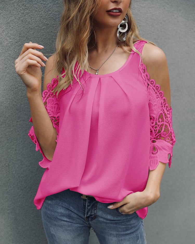 Lace Crochet Cold Shoulder Pleated Blouse - Shop Trendy Women's Clothing | LoverChic