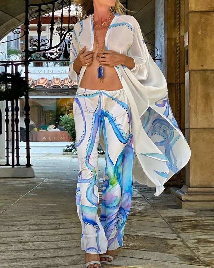 V-neck strap printed two-piece set ​