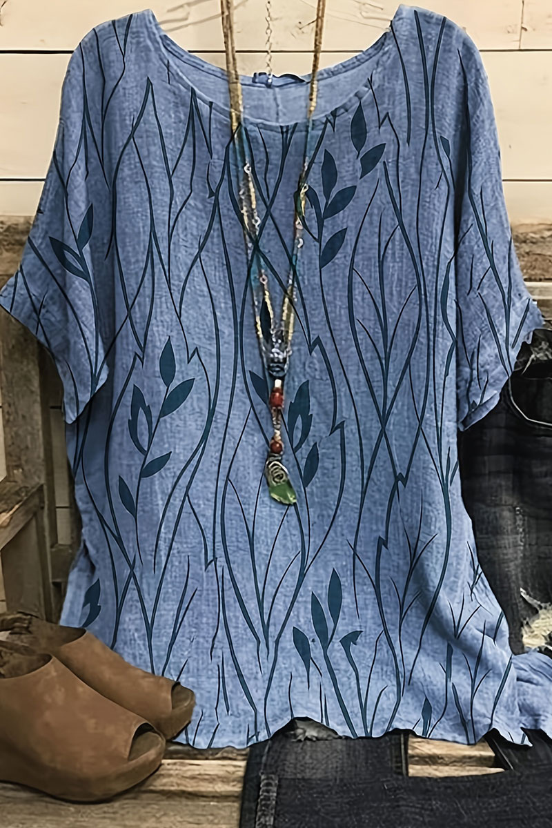 Flycurvy Plus Size Casual Blue Linen Plant Floral Print Short Sleeve Blouse 2024 - Flycurvy 