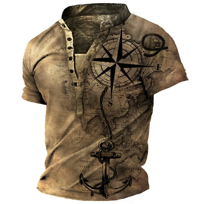 Men's Vintage Compass Print Short Sleeve Henley T-shirt  
