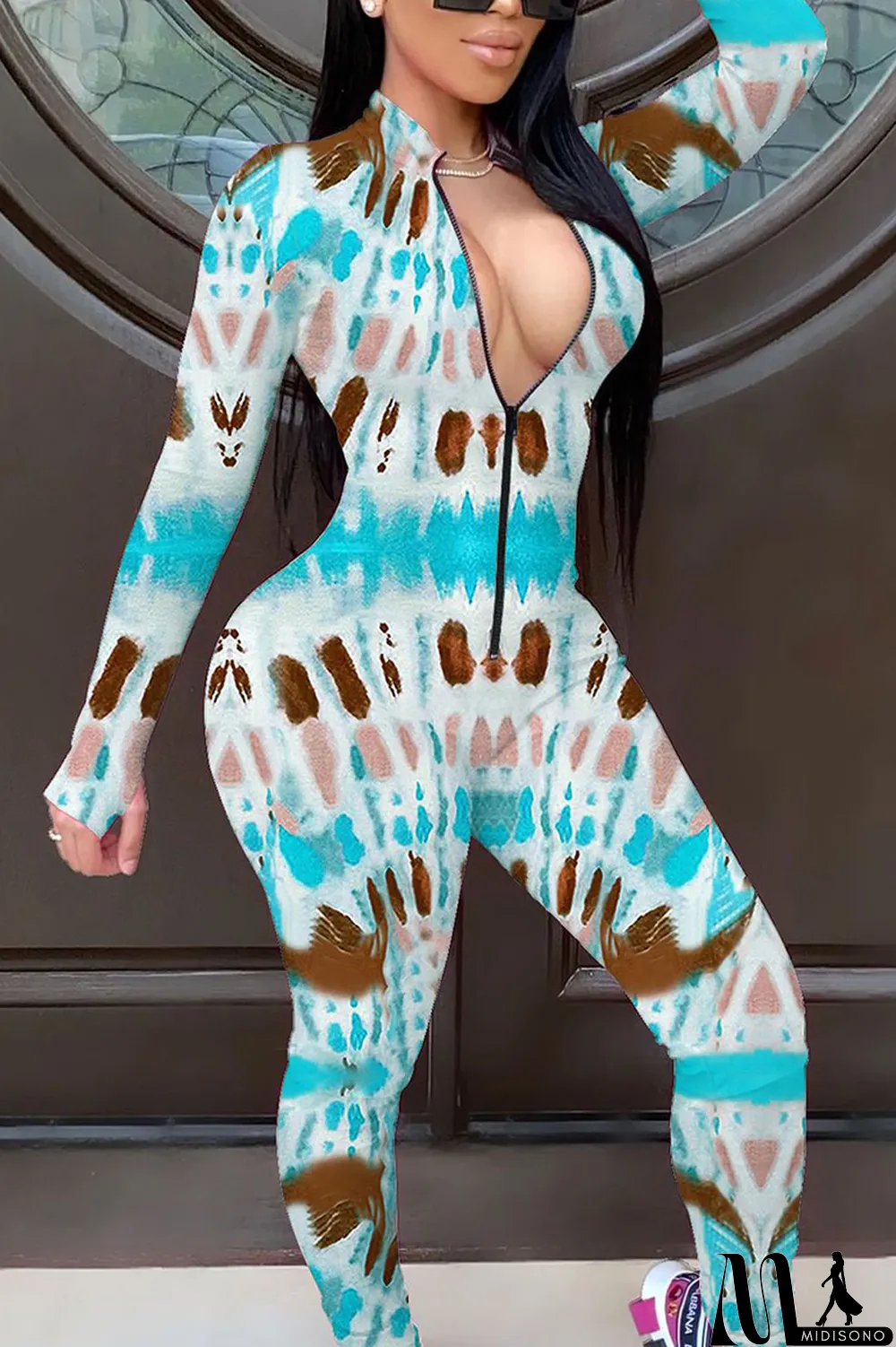 MidiSono - Red Fashion Print Split Joint O Neck Regular Jumpsuits