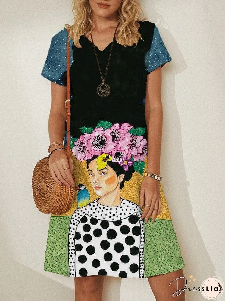 Loose V-neck Pullover Print Dresses for Women