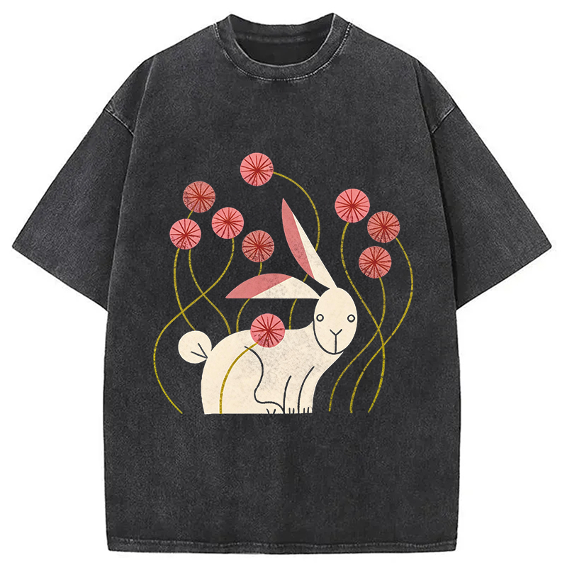 Rabbit And Wildflowers Washed T-shirt elevenforest