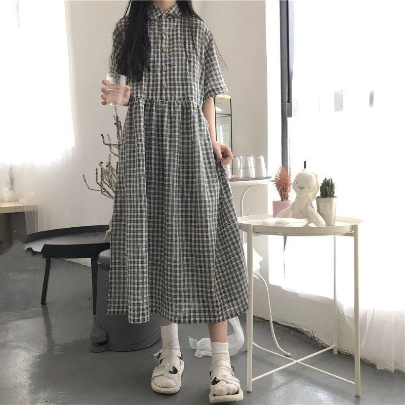 Short Sleeve Dress Women Student Lovely Japanese Style Simple Comfortable A-line Plaid Summer All-match Holiday Fashion Ladies