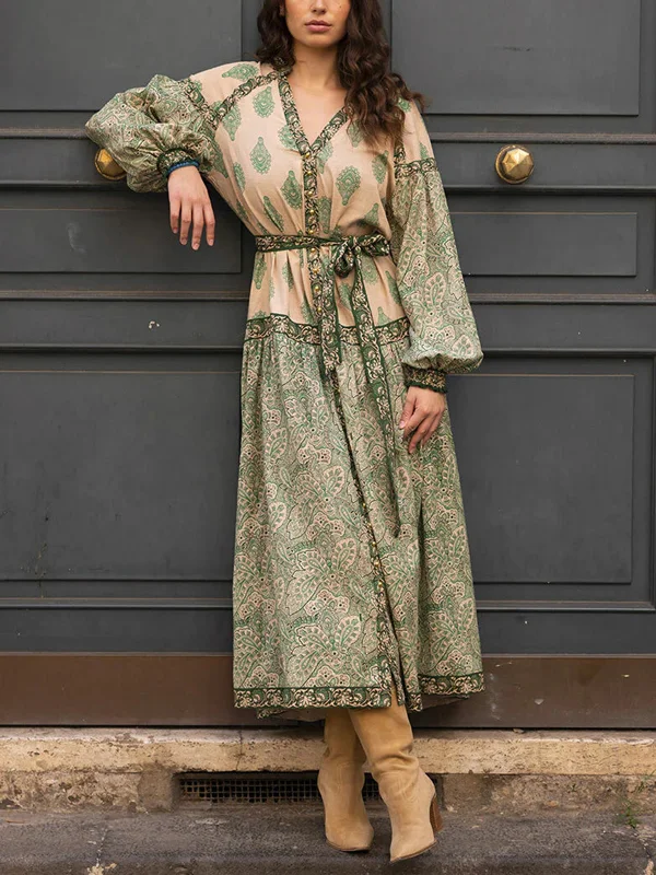 V-Neck Retro Print Long Sleeves Lace Up Midi Dress