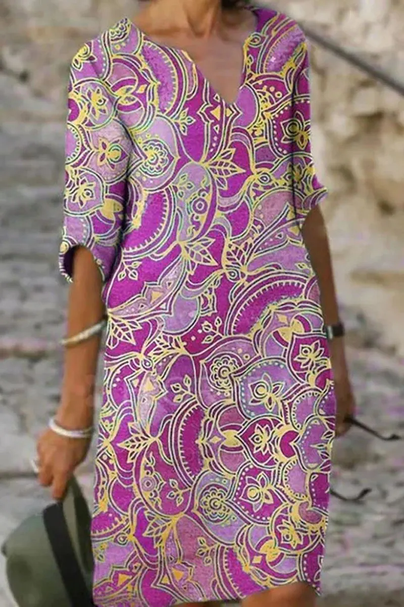 Half Sleeve V-Neck Floral Print Dress