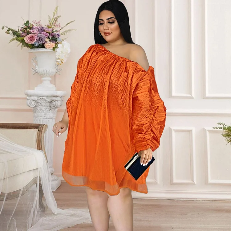 Orange Loose Dresses Women Off Shoulder Pullover See Through Sleeve Oversized Gowns for Ladies Casual Party Outfits with Lining QueenFunky