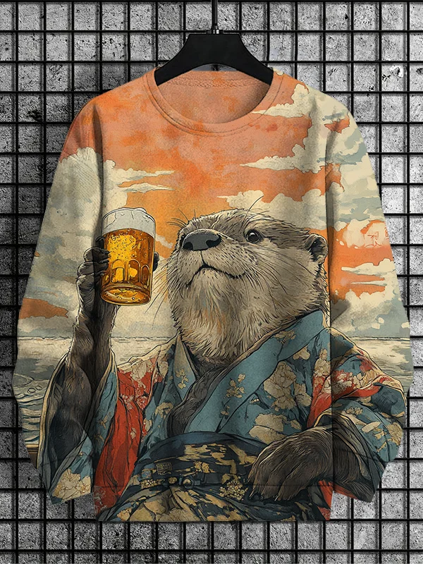 Men's Kimono Otter Drinking On Boat Print Casual Sweatshirt
