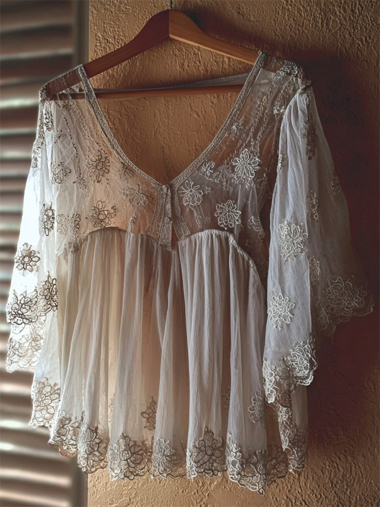 Classy Floral Lace Pleated Flowy Sheer Tunic elevenforest