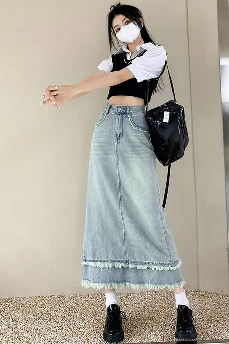 Women's High Waist Denim Maxi Skirt with Fringe Detail and Side Slit