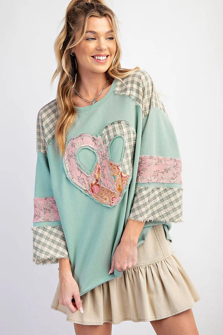 Floral Heart of Peace Print Patch Patchwork Long-Sleeved Sweatshirt