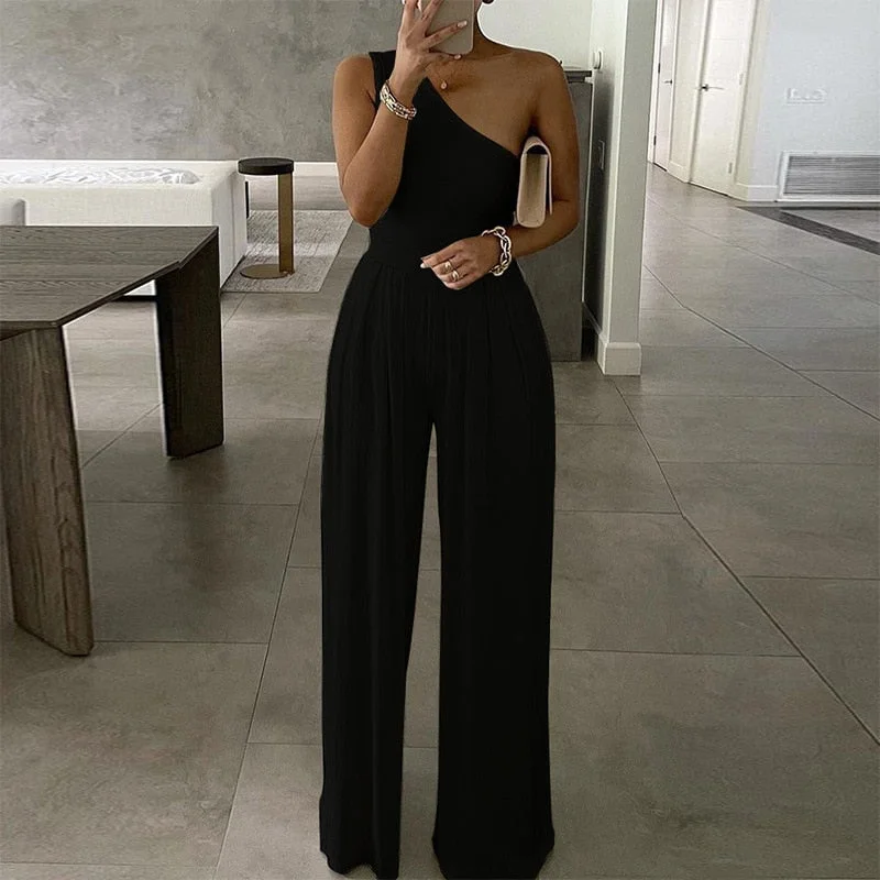 Elegant Office Lady Wide Leg Jumpsuit Sexy Off Shoulder Women Rompers Bodysuit Summer Fashion Solid Color Overalls Playsuits