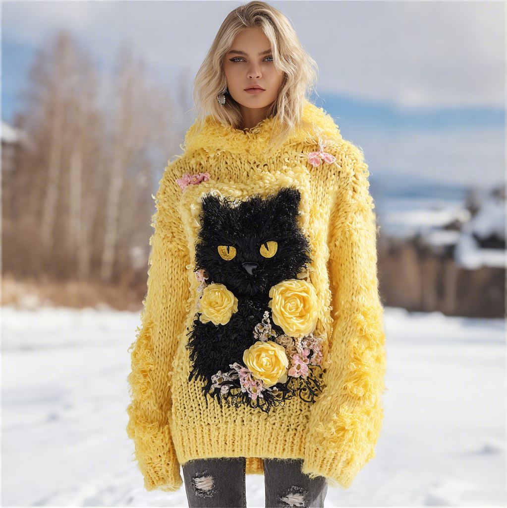 Women's Vintage Black Cat And Roses Art Knitted Warm Cazy Hooded Sweater