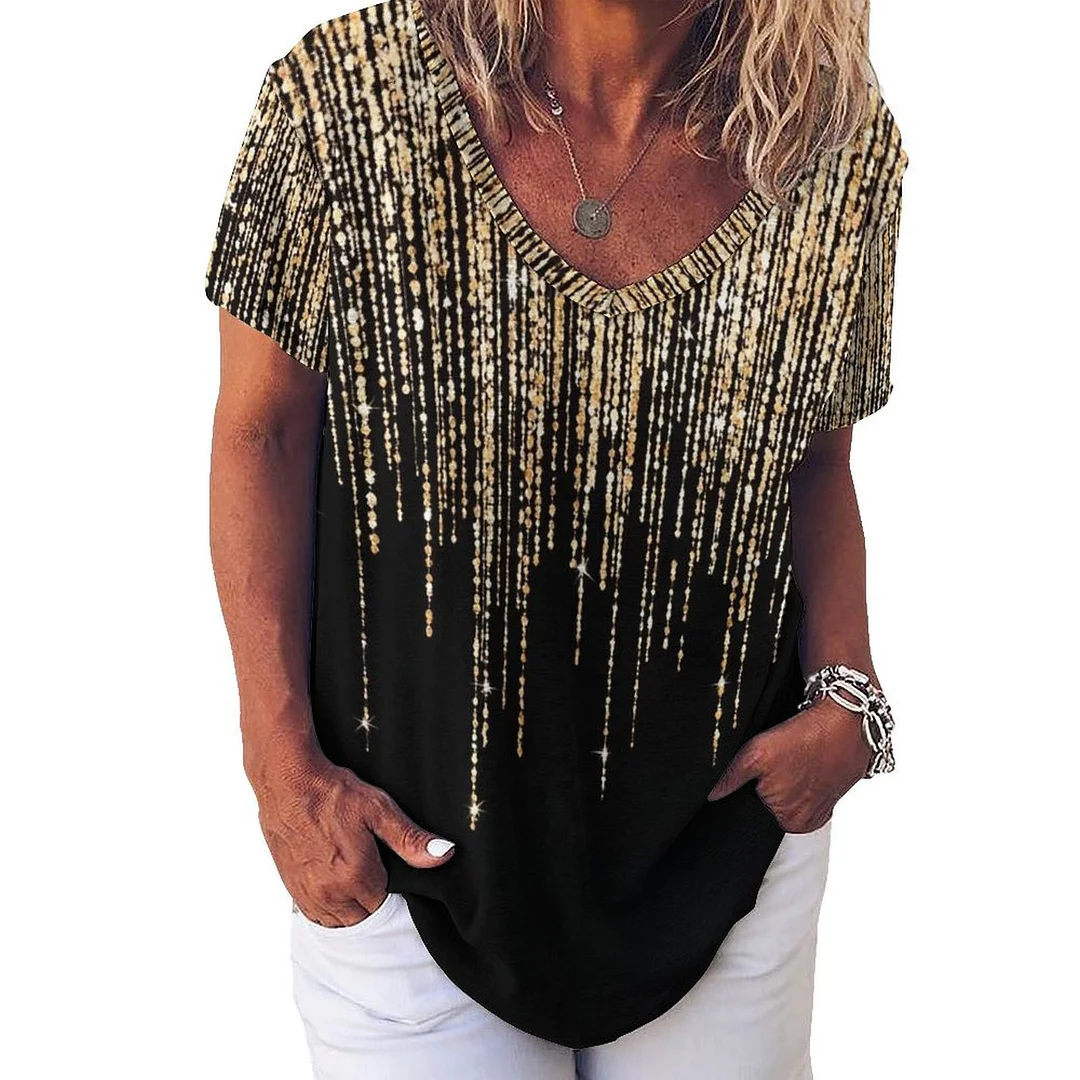 V-neck Short Sleeve Casual T-shirt for  Women Printed with Pattern Glitter, Black, Golden