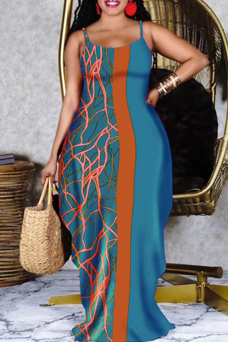 Cyan Casual Print Patchwork Spaghetti Strap Sling Dress Plus Size Dresses | EGEMISS