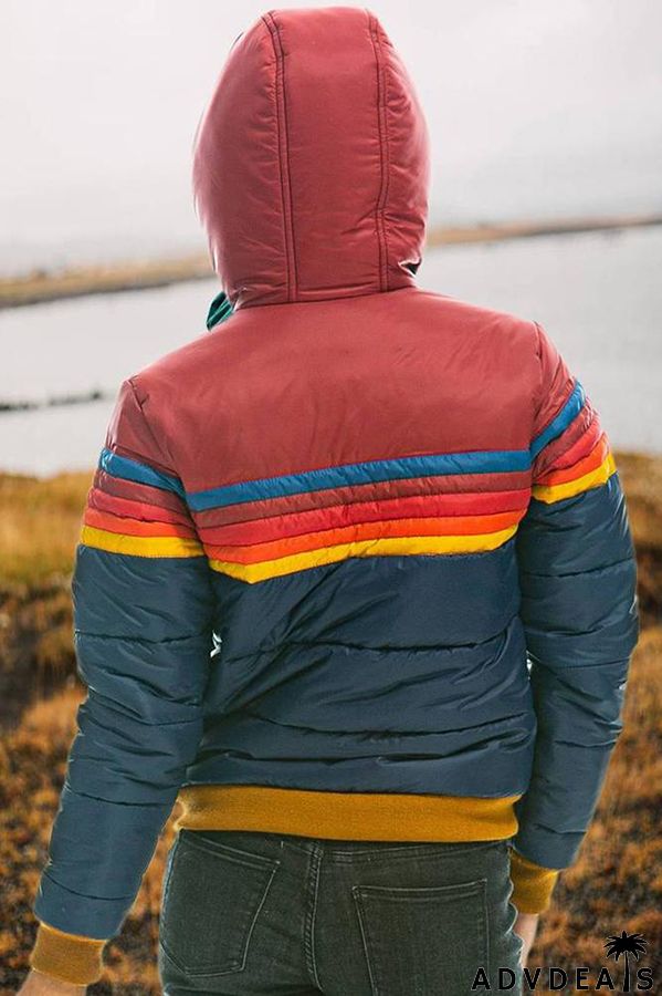 Winter Casual Patchwork Zippered Hooded Pocket Long Sleeved Coat