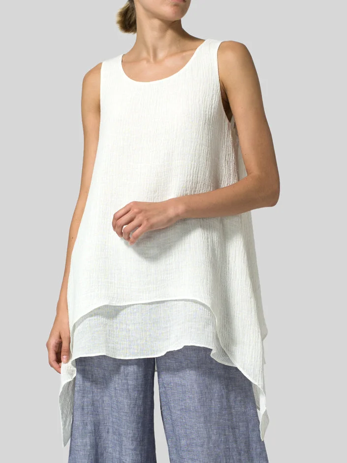 Womens Linen Crinkle Gauze Sleeveless Layered Shirt